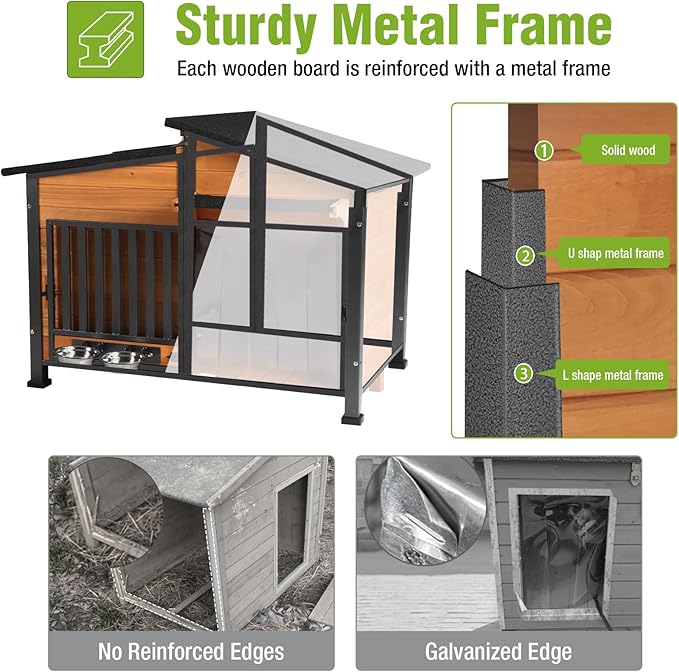 GUTINNEEN 39.7" L Heated Dog House Outdoor Insulated Winter Dog Kennel with Thermostat-Controlled Heating Pad, Chew-Proof Metal Frame and 6-Sided Insulated Liner for Medium to Large Dogs, Brown