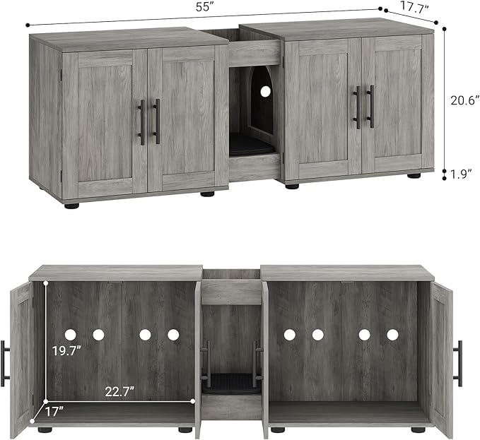 Garvee Cat Litter Box Enclosure for 2 Cats, 55" Hiddden Litter Box Enclosure Furniture 3-in-1 Wooden Litter Cabinet with Barn Door & Double Rooms for Bedroom Living Room, Gray