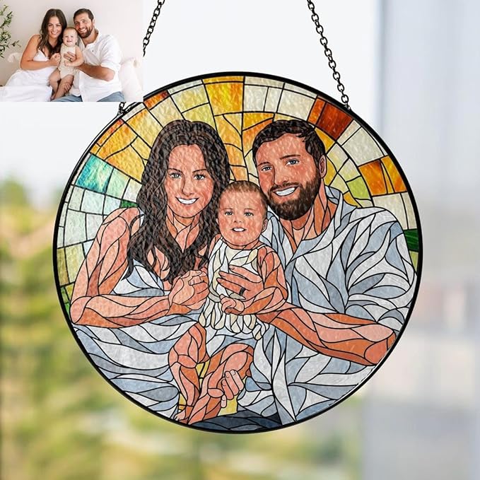 Custom Family Portrait Glass Catcher, Custom Portrait Stained Glass Catcher for Window Hanging, Gift for Dad, Personalized Family Portraits Stained Glasss Catchers, Memorial Gifts /16