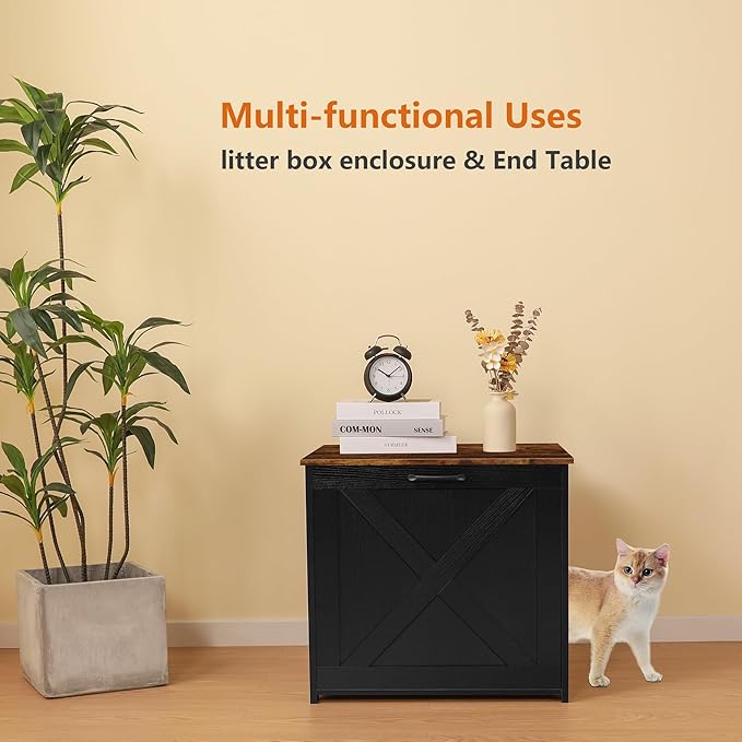 Dwanton Cat Litter Box Furniture Hidden, Cat Litter Box Enclosure, Reversible Entrance Can Be on Left or Right Side, Indoor Cabinet, Wooden Washroom, Nightstand, Black and Rustic Brown, 23.6" L