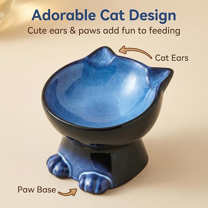 Nihow Slanted Elevated Cat Bowls: 6.25 Inch Ceramic Raised Cat Food Bowl for Protecting Pet's Spine - Microwave & Dishwasher Safe -Elegant Blue & Black (6.8 OZ /1 PC)