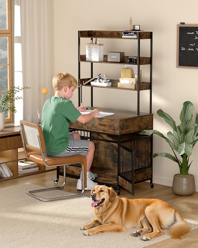Petrova 39" Dog Crate Furniture for 1 Dogs, Heavy Duty Indoor Dog Kennel for Small/Medium Dogs, Wooden Dog Cage with 2 Storage Drawers, Charging Station, LED Light, Lockable Wheels, Brown