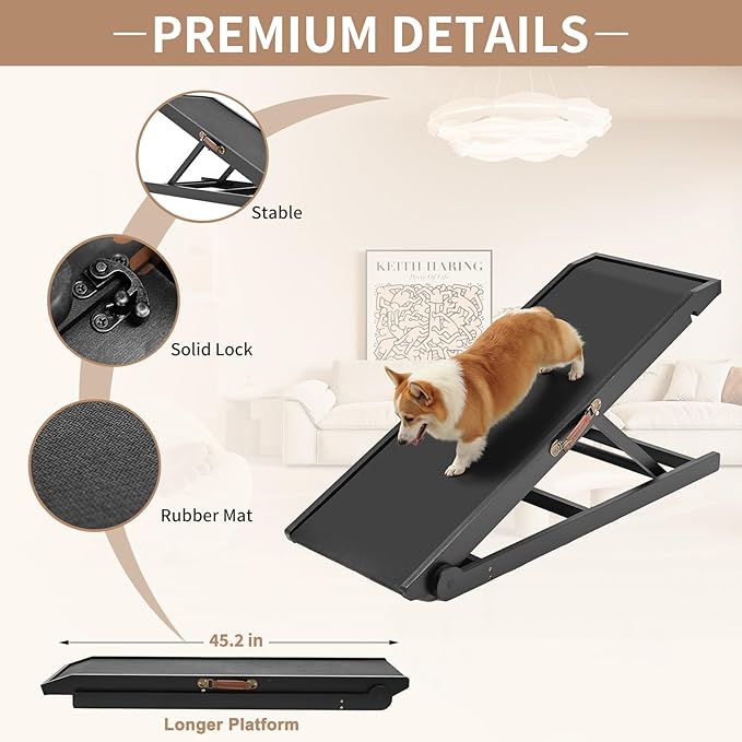SLSY Dog Ramp for Bed, Couch & SUV, Upgraded Folding Adjustable Pet Ramp with Non-Slip Rubber Mat, 45.2" Long, 5 Heights 15.7''–23.6", Portable Wooden Step Supports up to 200 lbs for Dogs and Cats