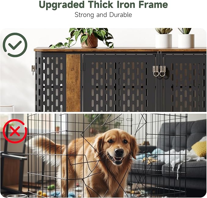 ONBRILL 71” Large Dog Crate Furniture for 1 or 2 Dogs,Large Double Dog Cage with Removable Divider,Heavy Duty Wooden Dog Crate As TV Stand with Steel Frame,Brown