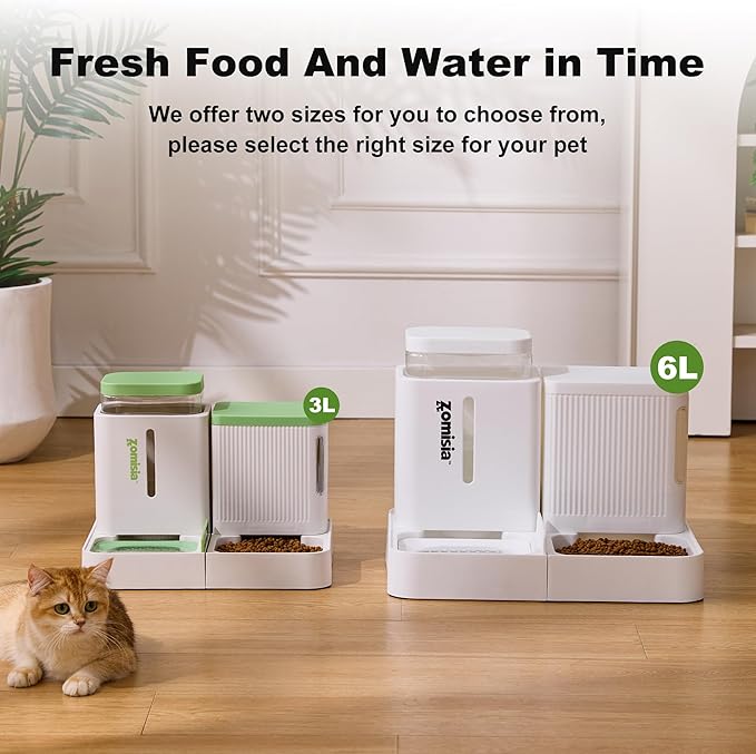 Gravity Cat Feeder and Water Dispenser, 2 in 1 Cat Self Feeder with 180 Degree Rotatable, Automatic Feeding Large Capacity for Small Medium Dog Puppy Kitten, White & Green, 0.8 Gallon x 2