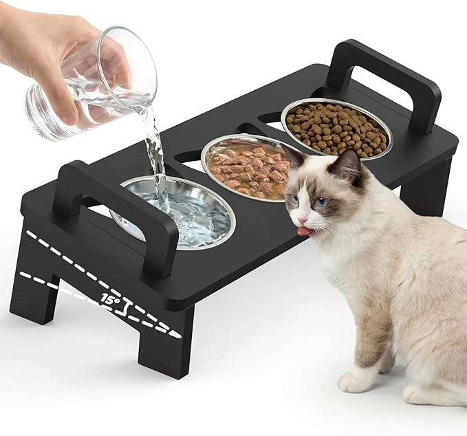 Bamboo Elevated Cat Bowls, 3 Stainless Steel Raised Cat Bowl with Stand, 15°Tilted Cat Feeding Station, Cat Food and Water Bowl Set for Small Cats and Puppy, Anti Vomitting, Whisker Fatigue (Black)
