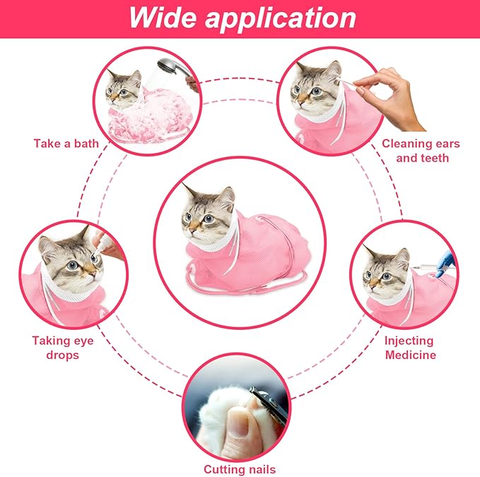 Cat Bathing Bag, Breathable Mesh Cat Shower Bag Anti Scratch Adjustable Cat Grooming Bag for Nail Trimming Polyester Soft Washing Bag
