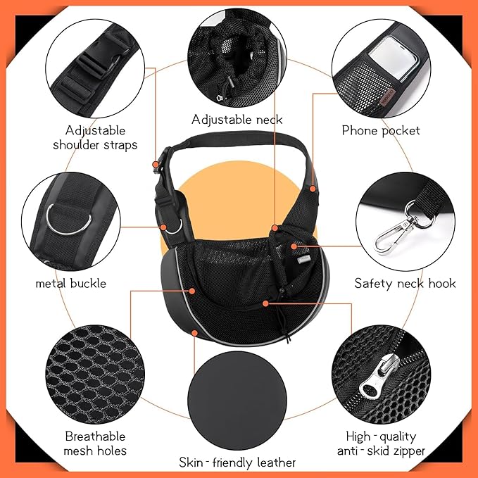 YUDODO Pet Sling Carrier for 5-9 lbs Small Dogs & Cats – Hands-Free Puppy Carrier with Safety Hook, Large Zipper Pocket, Soft Breathable Mesh, Adjustable Strap & Reflective Strip (Black 3.0 M)