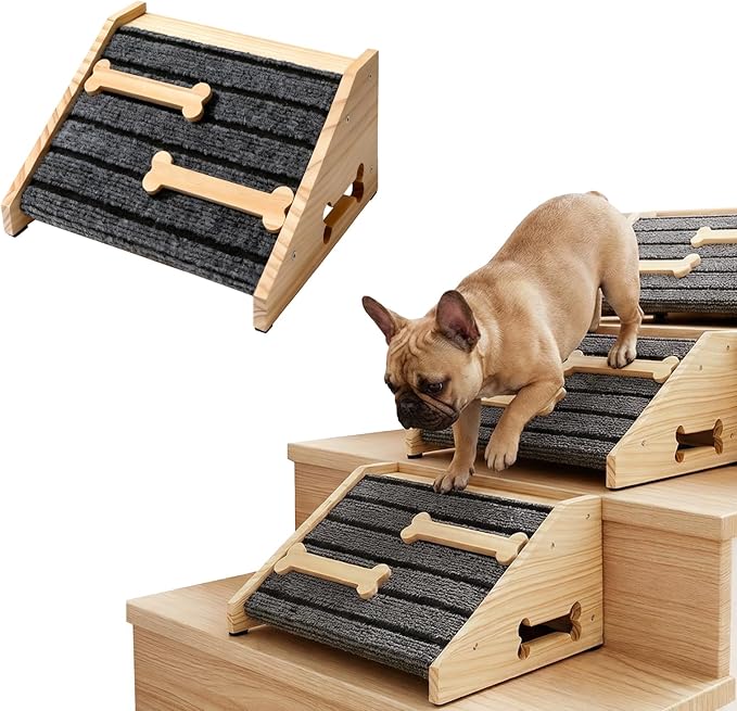 2-Pack Wooden Dog Ramp for Stairs - Natural Pine Wood Pet Step Ramp with Anti-Slip Bone Strips & Felt Padding, Stair Wedge for Small Medium Dogs, Indoor Home Safety Access for Injured Dogs