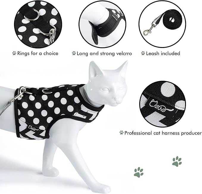 Cat Harness and Leash for Walking Escape Proof, Adjustable Cat Vest Harness, Padded Stylish Cat Walking Jackets, Polka Dot Black, X-Small