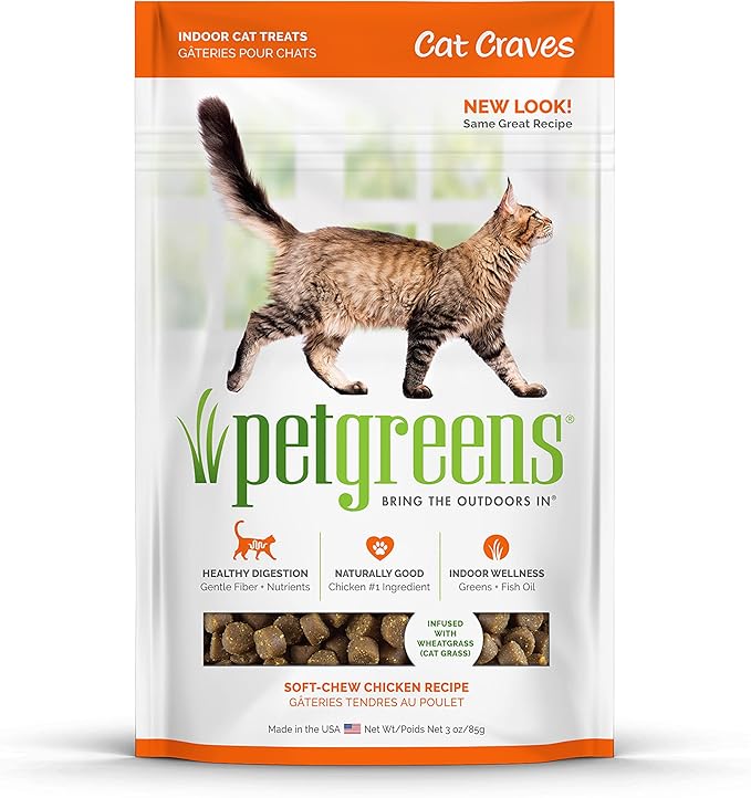 Pet Greens Soft-Chew Indoor Cat Treats Infused with 4 Pack of Semi-Moist Craves Savory Salmon, Deep Sea Tuna, Roasted Chicken and Turkey and Duck Flavored Treats