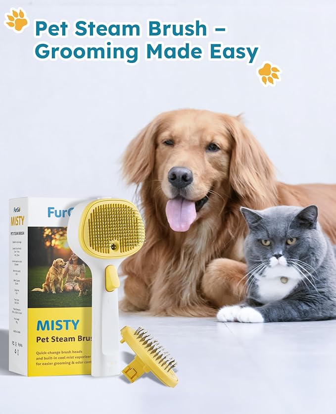 Cat Steam Brush for Cats & Dogs, Pet Steam Brush 3-in-1 with 2 Mist Modes, One-Touch Self Cleaning, Magnetic Safe Charging, Cat Hair Brush for Shedding, Dog Brush for Shedding, Yellow (Short Head)