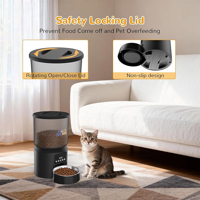 Automatic Cat Feeders, 4L Timed Cat Dry Food Dispenser Auto Pet Feeder for Cats and Small Dogs Dual Power Supply 9 Meals Programmable 1-15 Portion Per Day with Stainless Bowl Easy Clean
