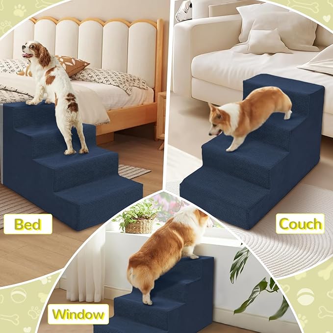 Niubya Dog Stairs for Small Dogs and Cats,18'H Non-Slip Bottom Pet Steps for High Beds and Couch,High-Density Foam Pet Stairs Navy,4 Steps