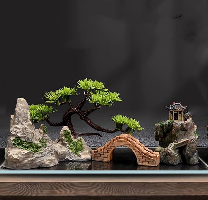 Small Japanese Fish Tank Decorations Set, Suitable for Aquariums up to 5 Gallon or Fish Bowl, Includes Small Decorations Artificial Plastic Plants Fish Tank House