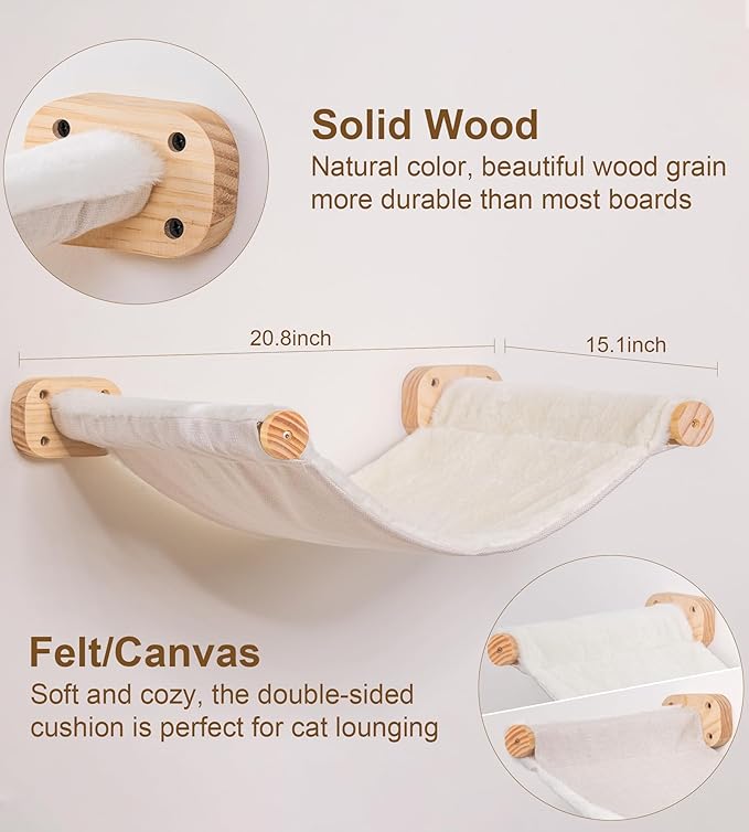 Cat Wall Hammock, Dual-Sided Cat Wall Bed with Canvas & Plush Fabric for All Seasons, Wall Mounted Shelf for Large Cats, Modern Perches for Lounging & Napping