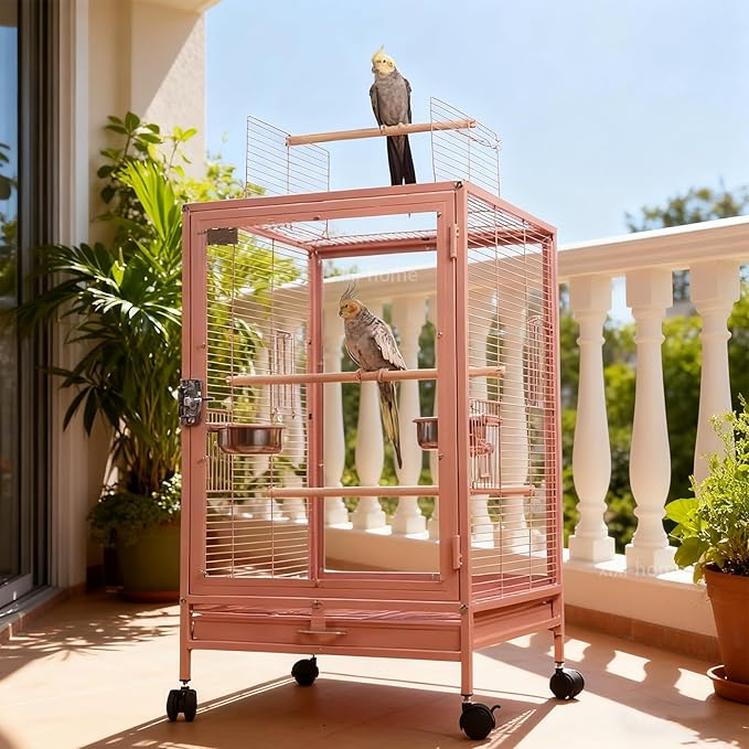 xixi-home Parrot Cage,Metal Bird Cage Ornamental Cage -with Play Top and Wheel,Large Birdcage Flight Cages for Outdoors for Parakeet,Lovebirds,Cockatiels(Type C - Pink)