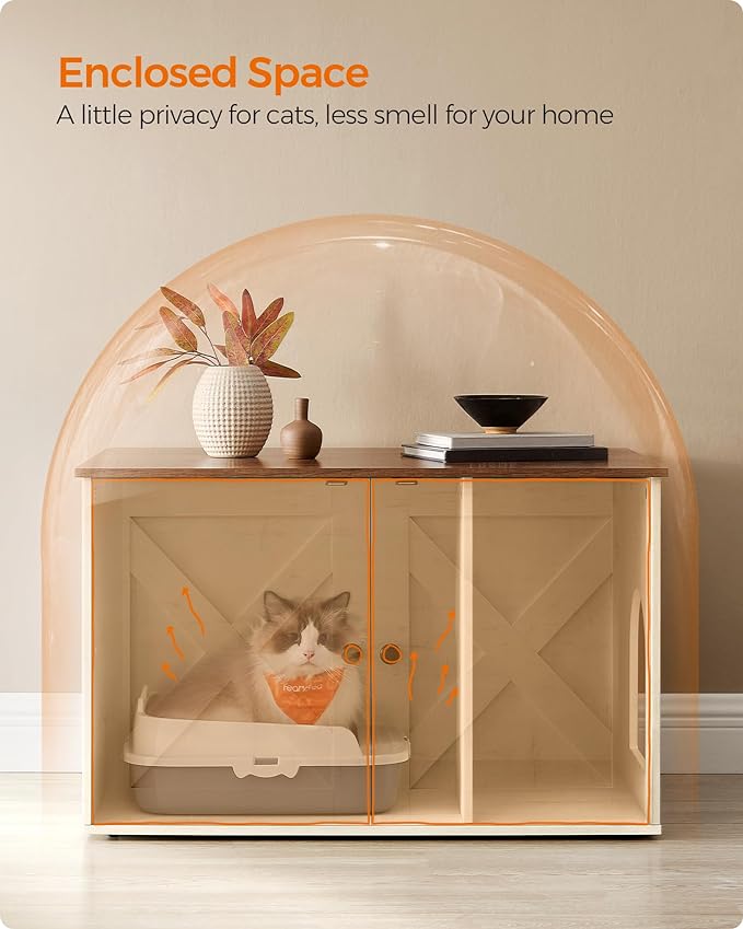 Feandrea Cat Litter Box Enclosure, Litter Box Furniture Hidden with Removable Divider, Indoor Cat House, End Table, 31.5 x 20.9 x 19.7 Inches, Honey Brown and Rustic White UPCL002P01