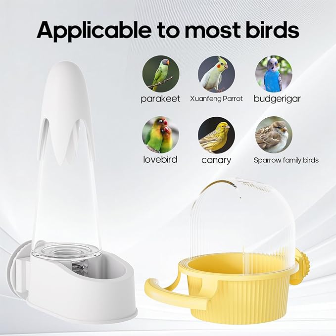 No Mess Bird Feeder Water Dispenser Set, Automatic Hydration, Bird Cage Accessories for Cockatiels Parrots Lovebirds Canarys Finches Budgies and Other Small to Medium Sized Birds (Purple + White)