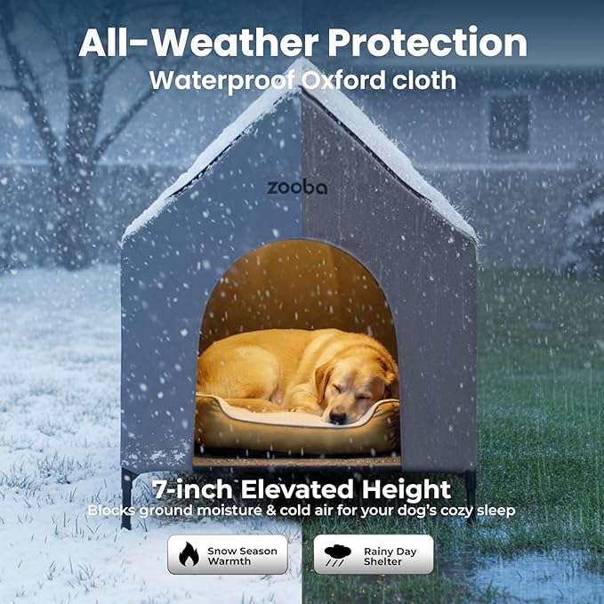 36" Large Dog House for Large Dog Indoor or Outside, Weatherproof 600D PVC Outdoor, Featuring Breathable 2x1 Textilene Elevated Dog Bed, Easy Clean (Grey)