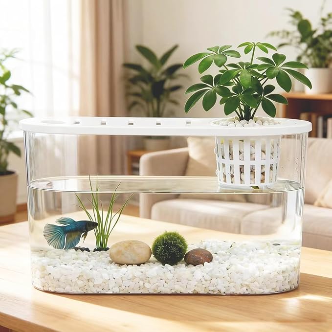 1 Gallon Betta Fish Tank Unbreakable Plastic Aquarium Oblate Fish Bowls with Plant Basket & Lid for Desktop Decoration