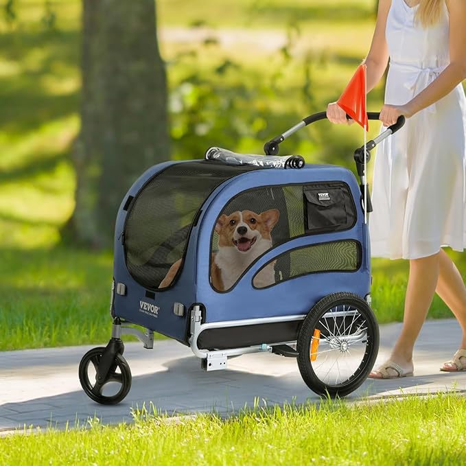 VEVOR Dog Bike Trailer, Supports up to 66/88/100 lbs, 2-in-1 Pet Stroller Cart Bicycle Carrier, Easy Folding Cart Frame with Quick Release Wheels, Universal Bicycle Coupler, Reflectors, Flag