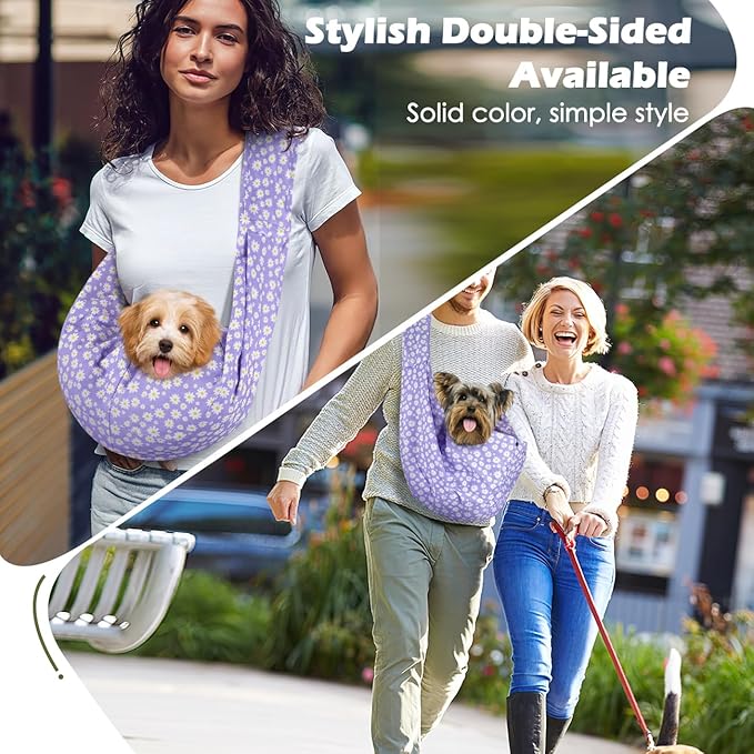 Pawaboo Small Dog Sling Carrier, Reversible Hands Free Dog Sling Carriers for Small Dogs and Cats, Puppy Slings Carrier with Safety Harness, Puppy Essentials, Purple Daisy