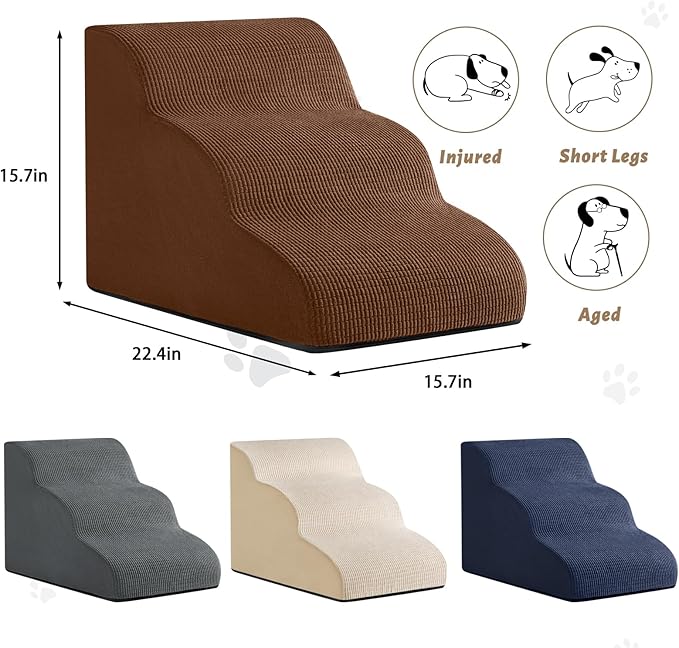 3-Step Dog Ramp and Stairs for Sofa and Chair - Non-Slip Sturdy Pet Steps for Small Dogs and Cats,15.7" H,Brown