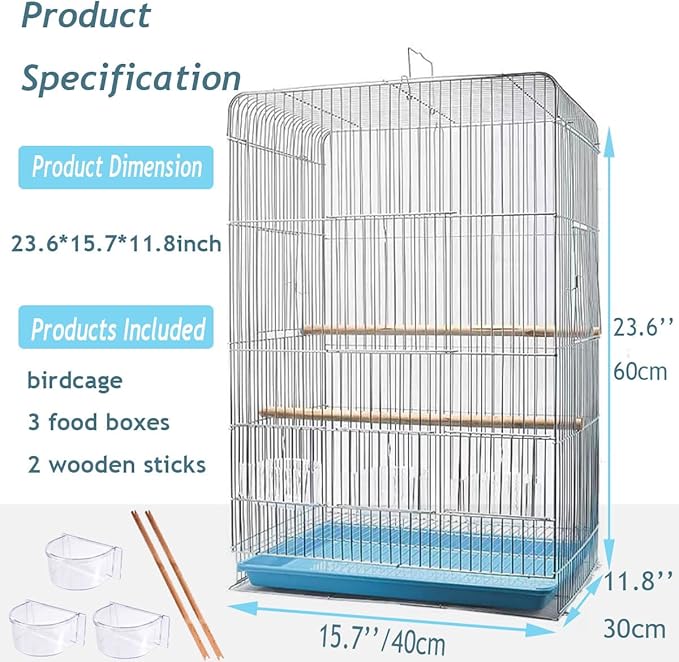 Parakeet Bird Cage, 23.6-inch Wire Birdcage Hanging Bird House with Bird Feeder Waterer and Stand, Bird House Accessories for Budgie Parakeets Finches Canaries Lovebirds Small Parrots Cockatiels