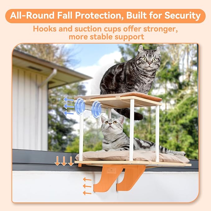 PETSFIT Cat Window Perch,Dual-Level Hammock with Suction Cups & Wooden Base, Supports Large Cats & Multi-Cat Families, Reversible Cushions, Tool-Free Installation
