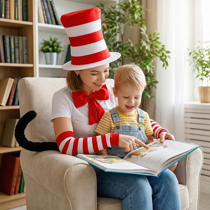 4 Pcs Cat Costume with Red and White Stovepipe Hat Bow Tie Gloves Tail Fit World Book Day Halloween Cosplay Party Costume Accessories