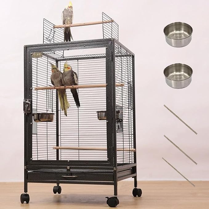xixi-home Clear Parrot Cage,Metal Bird Cage Ornamental Cage -with Play Top and Wheel,Large Birdcage Flying Birdcage for Outdoors for Parakeet,Lovebirds,Cockatiels(Type B - Black)