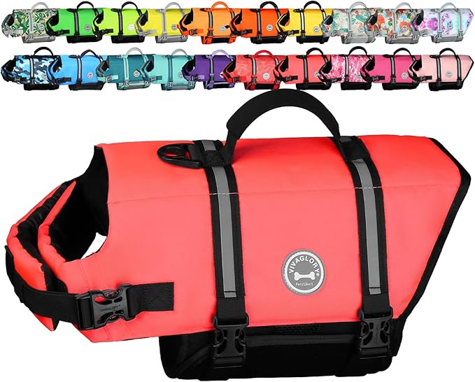 VIVAGLORY Rip Stop Dog Life Vest, Swimming Vest with Handle, Buoyancy for Doggy Puppy, Dog Life Jacket for Swimming & Boating, XL, Bright Pink