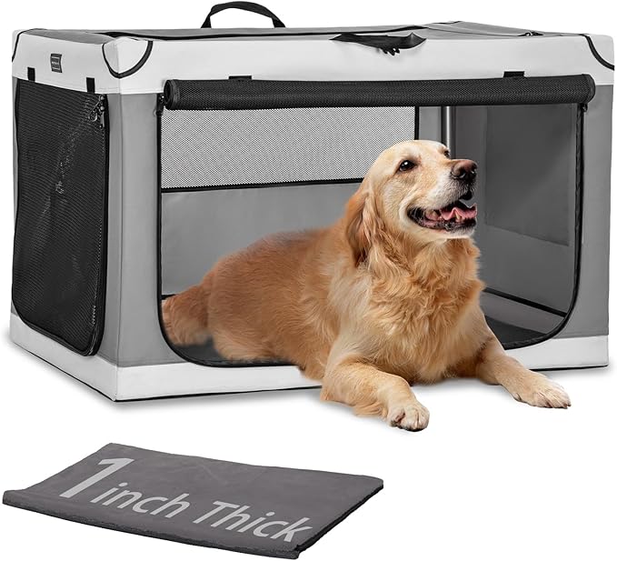PETSFIT Portable Dog Crate for Medium Large Dogs, – 36" Soft Dog Travel Crates with Lockable Zippers & Thicken Mat, Adjustable Patented Spiral Steel Frame, Collapsible Kennel for Indoor & Outdoor