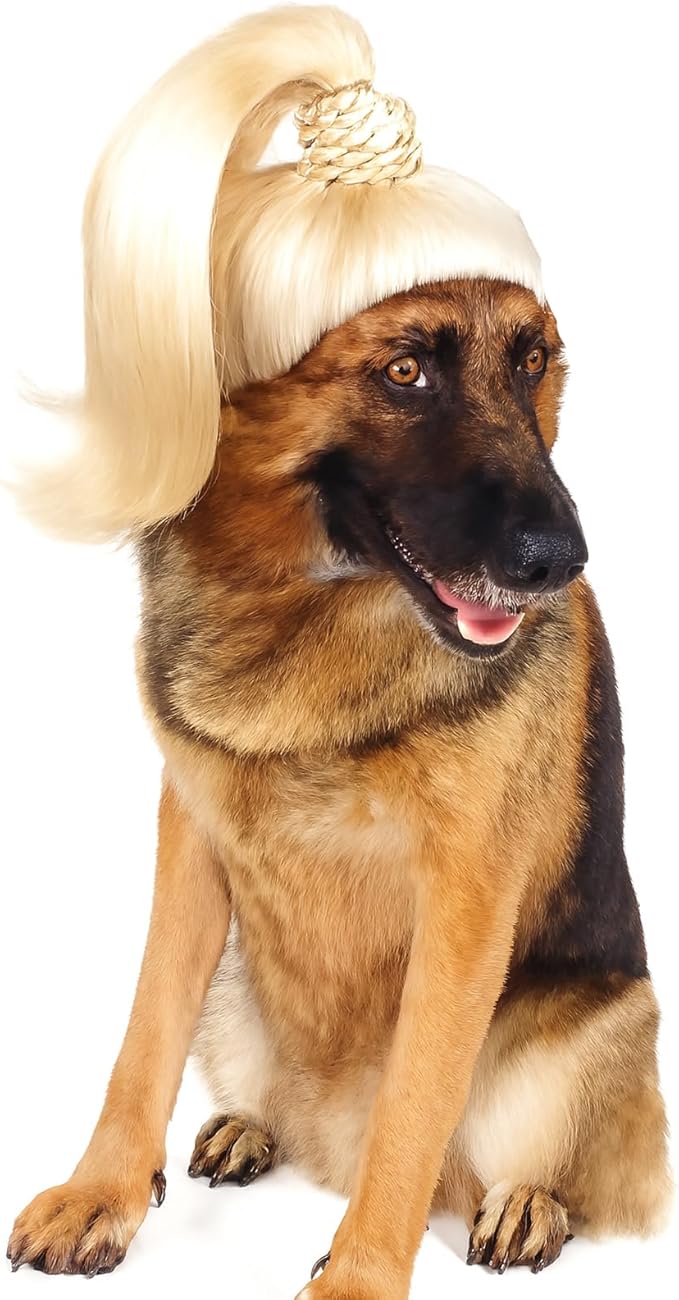 Blond Long Hair Ponytail Funny Pet Wig – Dog Wig for Large Girl Dog –Large Dog Costume for Halloween, Party, Photo Shoots – 3D Natural Look – Fits 15kg-50kg Pets