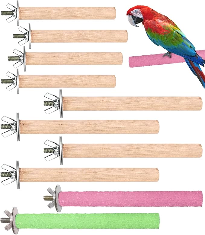 10 PCS Bird Perch Stand Toy, Colorful Wood Parrot Perch Stand, Natural Stand Paw Grinding Stick Exercise Toys, Bird Cage Accessories for Budgies, Finches, Parakeet, Small Birds