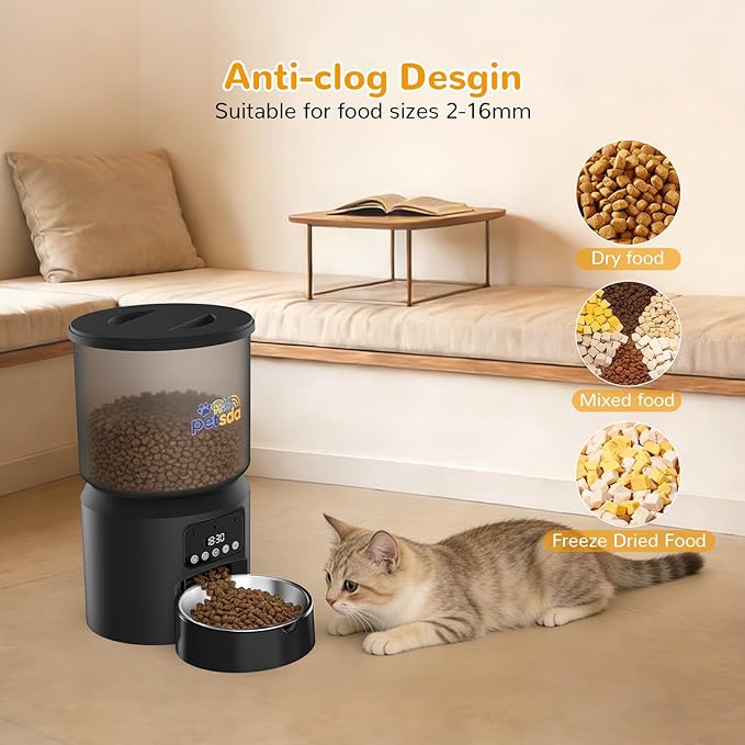 Automatic Cat Feeders, 4L Timed Cat Dry Food Dispenser Auto Pet Feeder for Cats and Small Dogs Dual Power Supply 9 Meals Programmable 1-15 Portion Per Day with Stainless Bowl Easy Clean