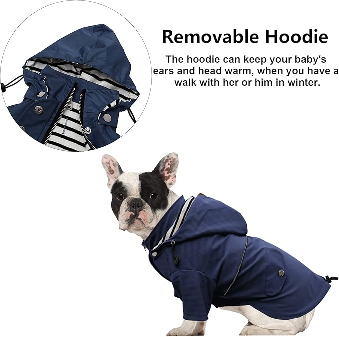 Morezi Dog Zip Up Raincoat with Reflective Buttons, Rain/Water Resistant, Adjustable Drawstring, Removable Hood, Raincoats with Legs 8lbs to 80lbs Available - Dark Blue - Medium