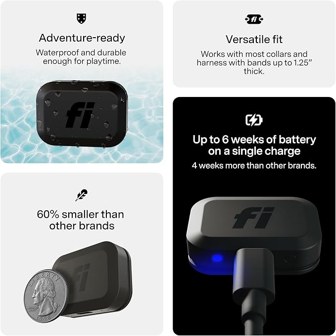 Fi Mini GPS Tracker for Cats — Lightweight Collar Attachment, Virtual Fences, Escape Alerts, Step & Health Tracking, Waterproof Cat Tracker — 6-Month Membership Included