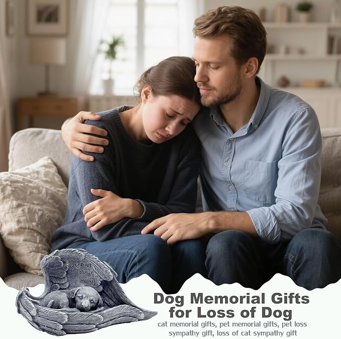 VEEKI Dog Memorial Gifts for Loss of Dog, Peaceful Sleeping Solar Angel Dog Statue Outdoor Waterproof, Resin Dog Figurine Pet Memorial Stone for Garden Grave Markers, Loss of Pet Sympathy Gift (Dog)