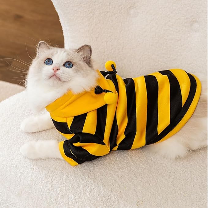 DENTRUN Sphynx Hairless Cats Costume Funny Bee Warm Winter Sweater Cute Pullover Kitten Shirts Breathable Cat Leisure Wear Turtleneck Vest Adorable Cat's Clothes Jacket Pajamas Jumpsuit, M