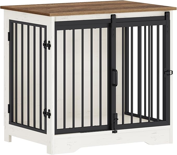 27.2" Dog Crate Furniture with Barn Door, Heavy Duty Dog Kennel Indoor with 2 Doors, Wooden Pet Cage End Table for Small Medium Dogs up to 22 lb, Anti-Chew Anti-Escape, White Brown DFC84314B