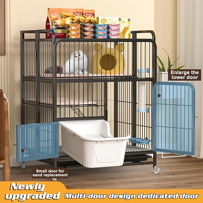 Multi-Tier Collapsible Cat Cage Crate, cat playpen for Indoor with 360° Wheels, Metal Wire Cat Kennel with Secure Lock, Large Ferret Playpen for Adult Cats Kitten Chinchilla (Black 3-Tier)