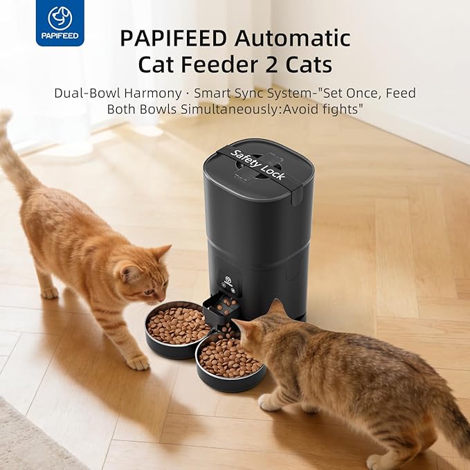 PAPIFEED Automatic Cat Feeder for 2 Cats, 2.4G WiFi Cat Food Dispenser with App Control, 7L Slow Feed Pet Feeder with 2 Stainless Bowls for Cats & Dogs, 12 Portions 10 Meals Daily - Black