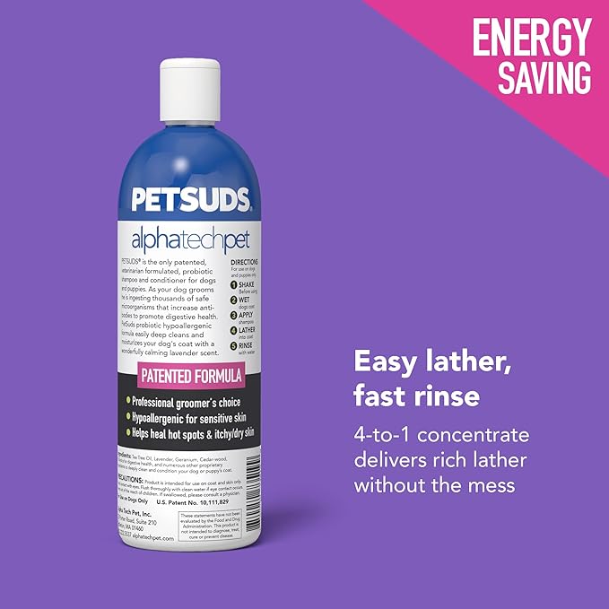PetSuds Probiotic Dog Shampoo and Conditioner - Helps with Hotspots, and Dry, Oily Skin - Hypoallergenic and Sulfate Free Pet Shampoo - Lavender, 16 Oz. by Alpha Tech Pet