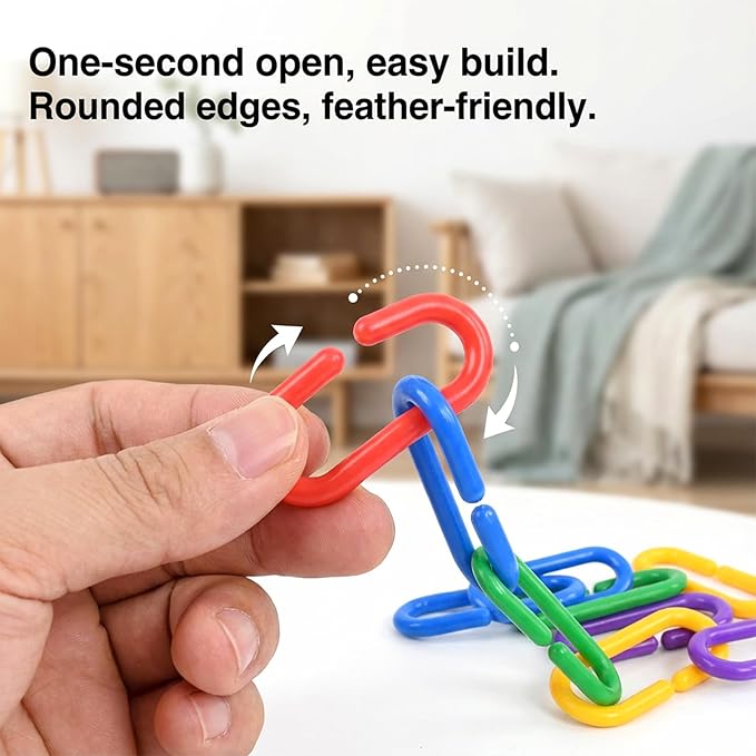 Sukh 250pcs Plastic C Clips Hooks Chain Links - Interchangeable Rainbow C-Links for Pet Parrot Parakeets Rat Sugar Glider Small Bird Cage Toys, Children Learning Supplies.