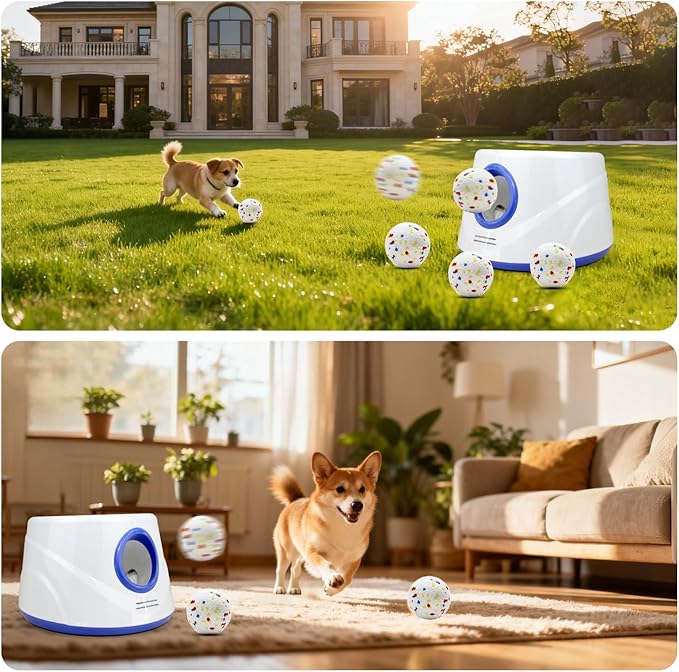 Automatic Dog Ball Launcher with 6 ETPU Balls, Adjustable Distance 20-45ft, USB Rechargeable, Interactive Pet Toy (Blue)