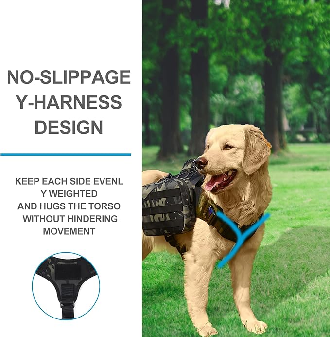 BYGD Outdoors Dog Hiking Backpacks, Hiking Backpack for Large Dogs with Side Pockets, Adjustable Strap, Large Capacity 2 Spacious Side Bags, Breathable Waterproof Fabric (Camo)