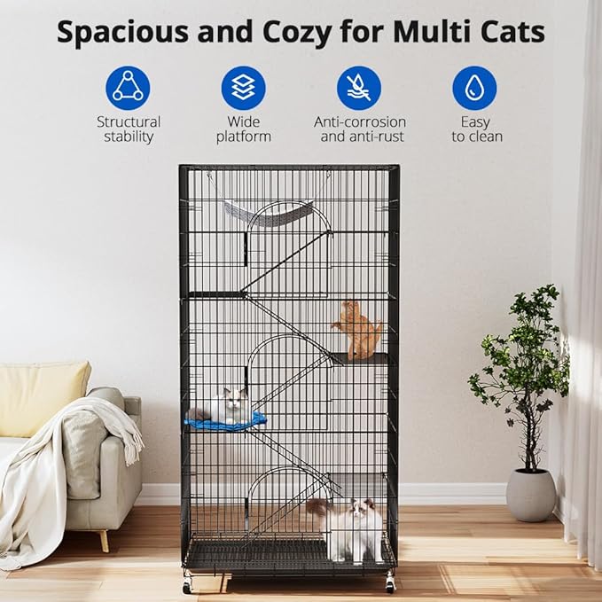 PawGiant 6-Tier Large Cat Cage Playpen, 72-inch Indoor/Outdoor Enclosure with 3 Doors, Hammock, Suitable for Cats, Kittens, and Small Animals