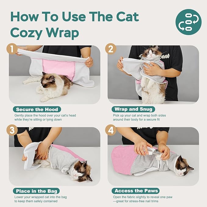 Self-Adhesive Cat Grooming Wrap, Cozy Cat Wrap for Cutting Nails, Breathable Anti-Scratch Cats Swaddle Bag for Brushing, Ear Cleaning, Dental Care, Medication, Injections, Pink S